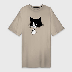 Женская футболка-платье Кот сидит в воде и сторожит утёнка