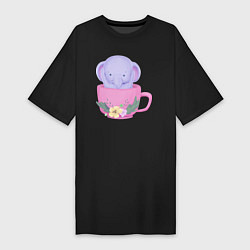 Женская футболка-платье Милый слонёнок внутри чашки с цветами