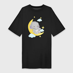 Женская футболка-платье Милый слонёнок сидит на месяце среди звёзд