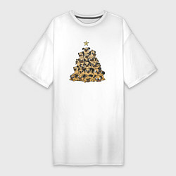 Женская футболка-платье Новогодняя елка из мопсов