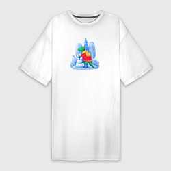 Женская футболка-платье Тираннозавр лепит снеговика
