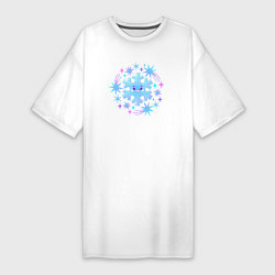 Женская футболка-платье Смешная снежинка с разноцветными звездами
