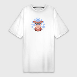 Женская футболка-платье Милый олененок смотрит на снежинку