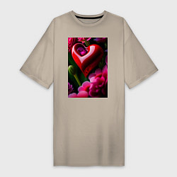 Футболка женская-платье Сердце с цветами, цвет: миндальный