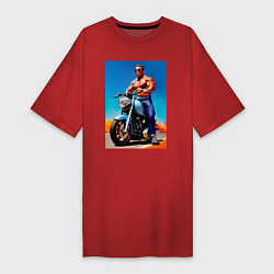 Футболка женская-платье Arnold Schwarzenegger on a motorcycle -neural netw, цвет: красный