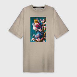 Женская футболка-платье Девушка с птицей на фоне цветущей сакуры
