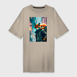 Женская футболка-платье Лисица в большом городе - киберпанк