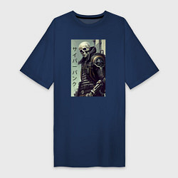 Футболка женская-платье Cool skeleton - cyberpunk - hieroglyphs, цвет: тёмно-синий