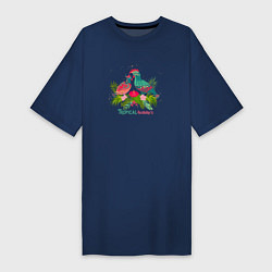 Женская футболка-платье Влюбленные попугаи среди тропических листьев