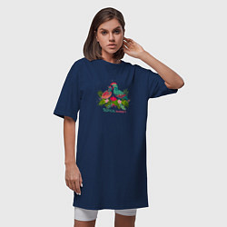 Футболка женская-платье Влюбленные попугаи среди тропических листьев, цвет: тёмно-синий — фото 2