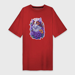 Женская футболка-платье Рыжий котик и фиолетовые цветы