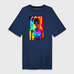 Футболка женская-платье Japanese girl - neon glow - neural network, цвет: тёмно-синий