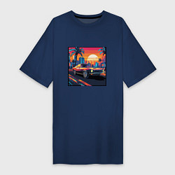 Футболка женская-платье Ретро машина и футуристический город на закате, цвет: тёмно-синий