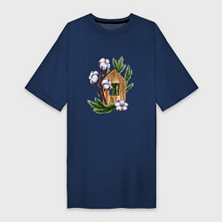 Женская футболка-платье Деревянный домик с хлопком и еловыми ветками