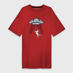 Футболка женская-платье Кошка и летающая тарелка, цвет: красный