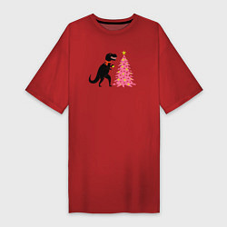 Футболка женская-платье Динозавр украшает ёлку, цвет: красный