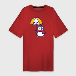 Футболка женская-платье Пингвинчик под зонтом, цвет: красный