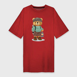 Футболка женская-платье Плюшевый медведь в походе, цвет: красный