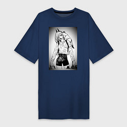 Футболка женская-платье Пауэр с котиком Человек бензопила, цвет: тёмно-синий