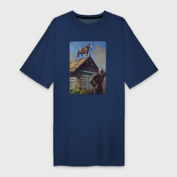 Футболка женская-платье Геральд и плотва на крыше - обложка карты из Гвинт, цвет: тёмно-синий