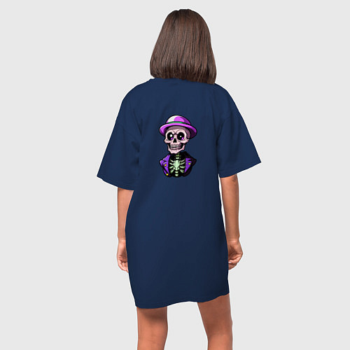 Женская футболка-платье Скелет в фиолетовой шляпе / Тёмно-синий – фото 4