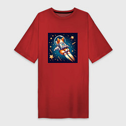 Футболка женская-платье Реактивный корги в космосе, цвет: красный