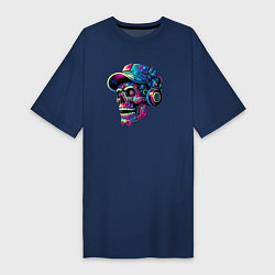 Женская футболка-платье Кибер череп чувак в наушниках - нейросеть
