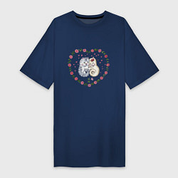 Женская футболка-платье Коты в сердечке с розами