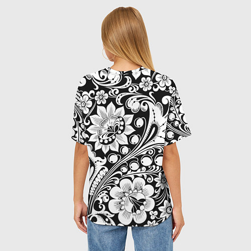 Женская футболка оверсайз Хохлома черно-белая / 3D-принт – фото 4