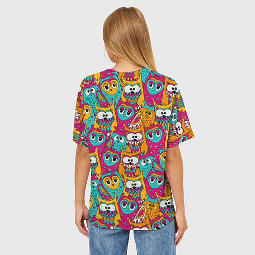 Женская футболка оверсайз Совы разноцветные / 3D-принт – фото 4
