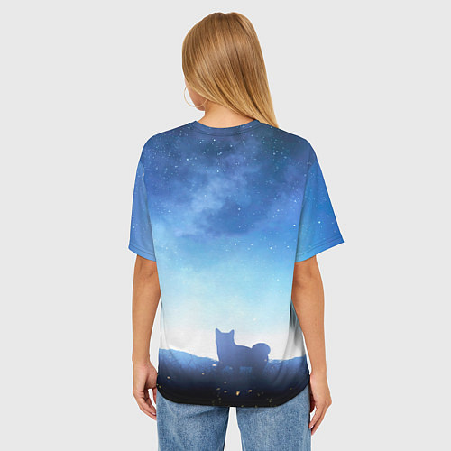 Женская футболка оверсайз Силуэт корги ночь космос дымка / 3D-принт – фото 4