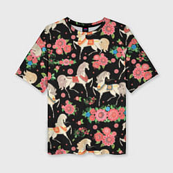 Женская футболка оверсайз Лошади и цветы