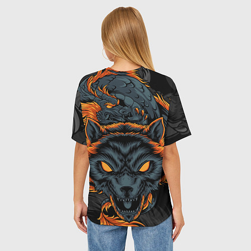 Женская футболка оверсайз Волк и дракон / 3D-принт – фото 4