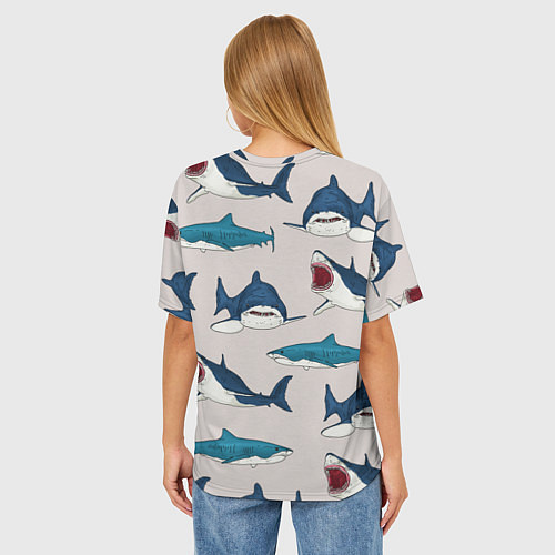 Женская футболка оверсайз Кровожадные акулы паттерн / 3D-принт – фото 4