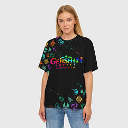 Футболка оверсайз женская GENSHIN IMPACT NEON LOGO RAINBOW STYLE, ЭМБЛЕМЫ, цвет: 3D-принт — фото 2