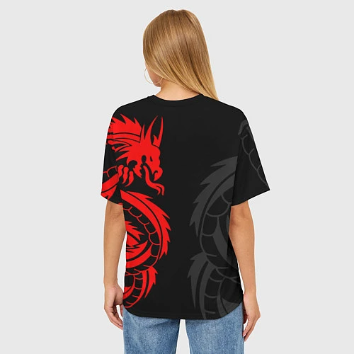 Женская футболка оверсайз КРАСНЫЙ ДРАКОН ТАТУ RED DRAGON TATTOO / 3D-принт – фото 4