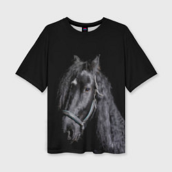 Футболка оверсайз женская Лошадь на черном фоне, цвет: 3D-принт