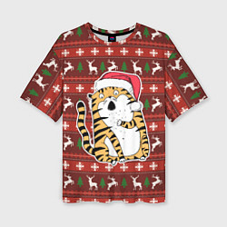 Женская футболка оверсайз Рождественский удивленный тигр