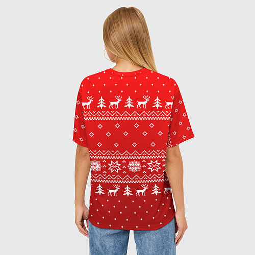 Женская футболка оверсайз Красный узор с оленями / 3D-принт – фото 4