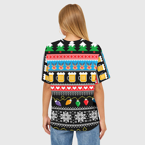 Женская футболка оверсайз Новогодний пивной узор / 3D-принт – фото 4