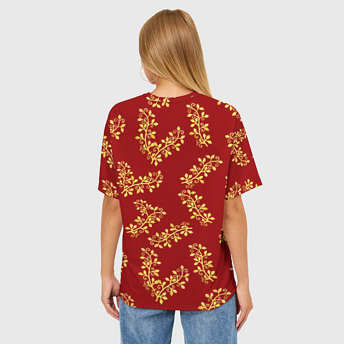 Женская футболка оверсайз Золотые веточки на ярко красном фоне / 3D-принт – фото 4