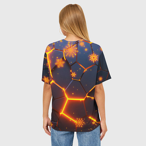 Женская футболка оверсайз НОВОГОДНИЕ ОГНЕННЫЕ 3D ПЛИТЫ FIRE NEON HEXAGON / 3D-принт – фото 4