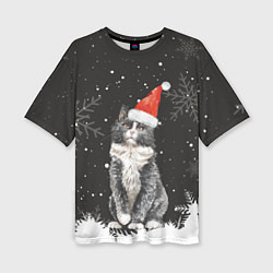 Женская футболка оверсайз Новогодний Черный кот в кружке