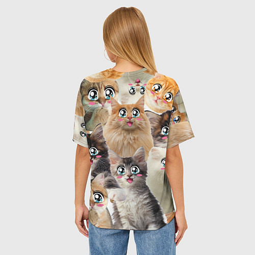 Женская футболка оверсайз Много кошек с большими анимэ глазами / 3D-принт – фото 4