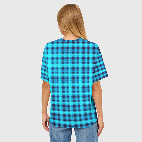 Женская футболка оверсайз Неоновый узор в клеточку Голубая клетка Светящиеся / 3D-принт – фото 4