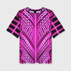 Женская футболка оверсайз Неоновая абстракция Розовый светящийся узор на тем