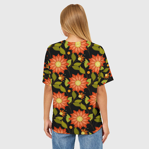 Женская футболка оверсайз Оранжевые цветы на черном фоне / 3D-принт – фото 4