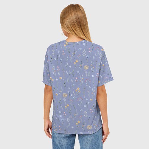 Женская футболка оверсайз Цветы растения акварелью на сиреневом фоне / 3D-принт – фото 4