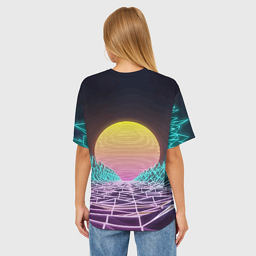 Женская футболка оверсайз Vaporwave Закат солнца в горах Neon / 3D-принт – фото 4