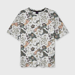 Женская футболка оверсайз Пентаграмма, бабочка, череп, ведьма, темные цветы